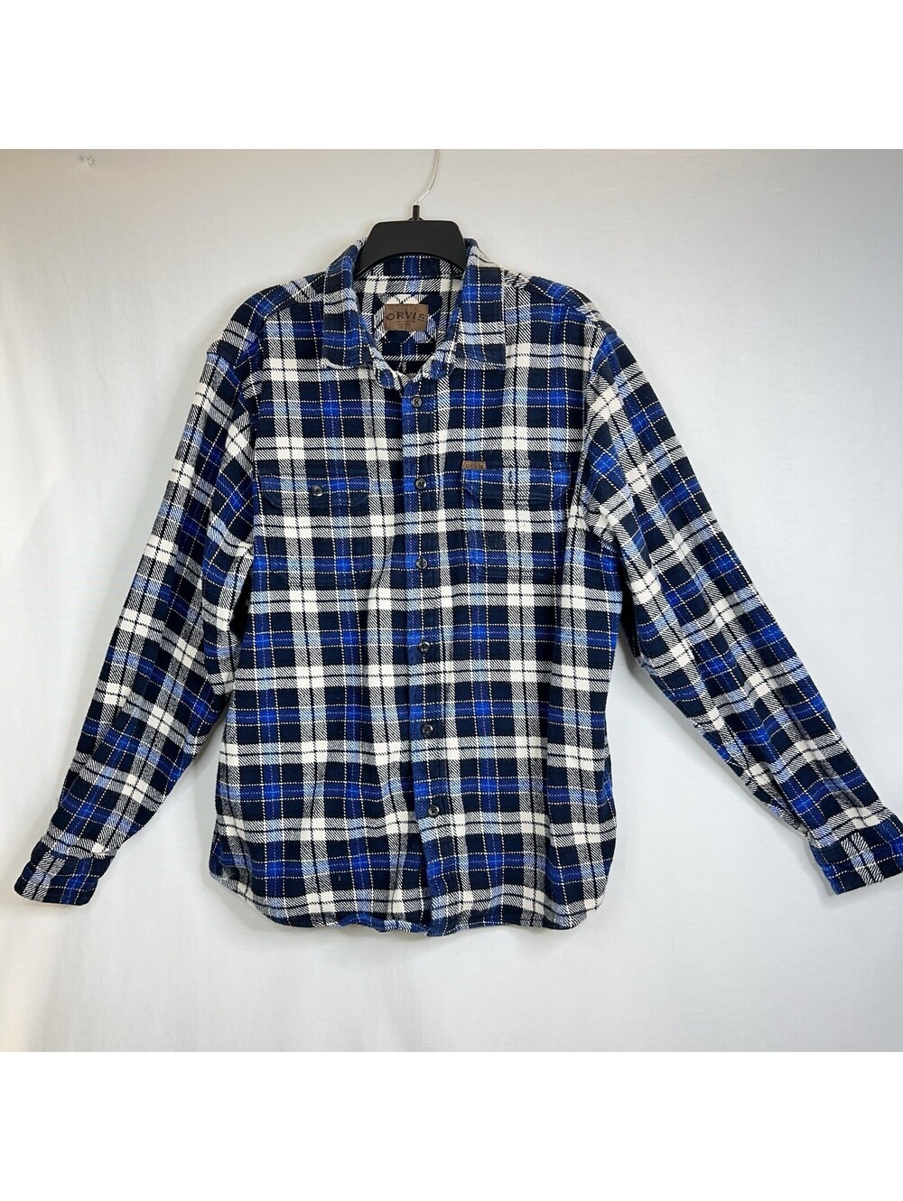 Orvis Flannel Shirt Mens Blue X-Large Plaid Shacket Overshirt Side Pockets Thick